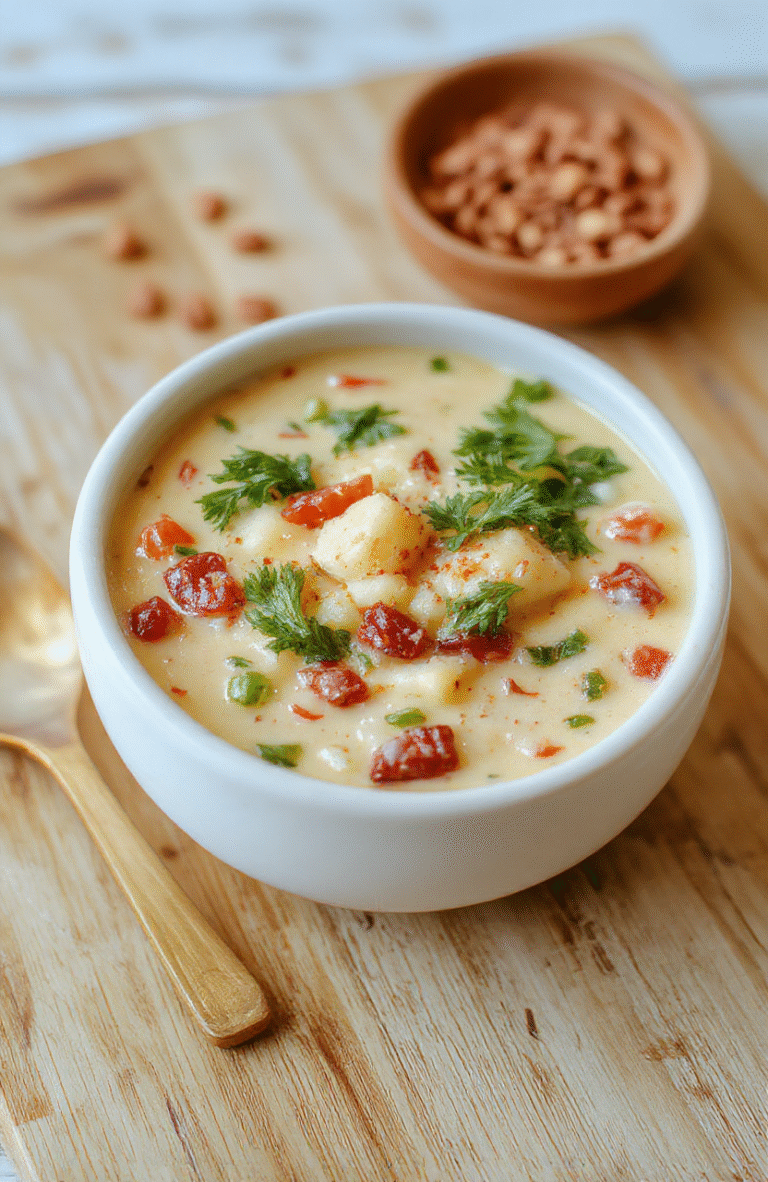 A rustic ceramic bowl filled with vibrant creamy vegetable soup, studded with tender carrots, peas, and potatoes,漂浮着新鲜 thyme sprigs and a drizzle of golden olive oil on the surface, served with a crusty sourdough slice on the side against a natural wooden table in soft daylight.