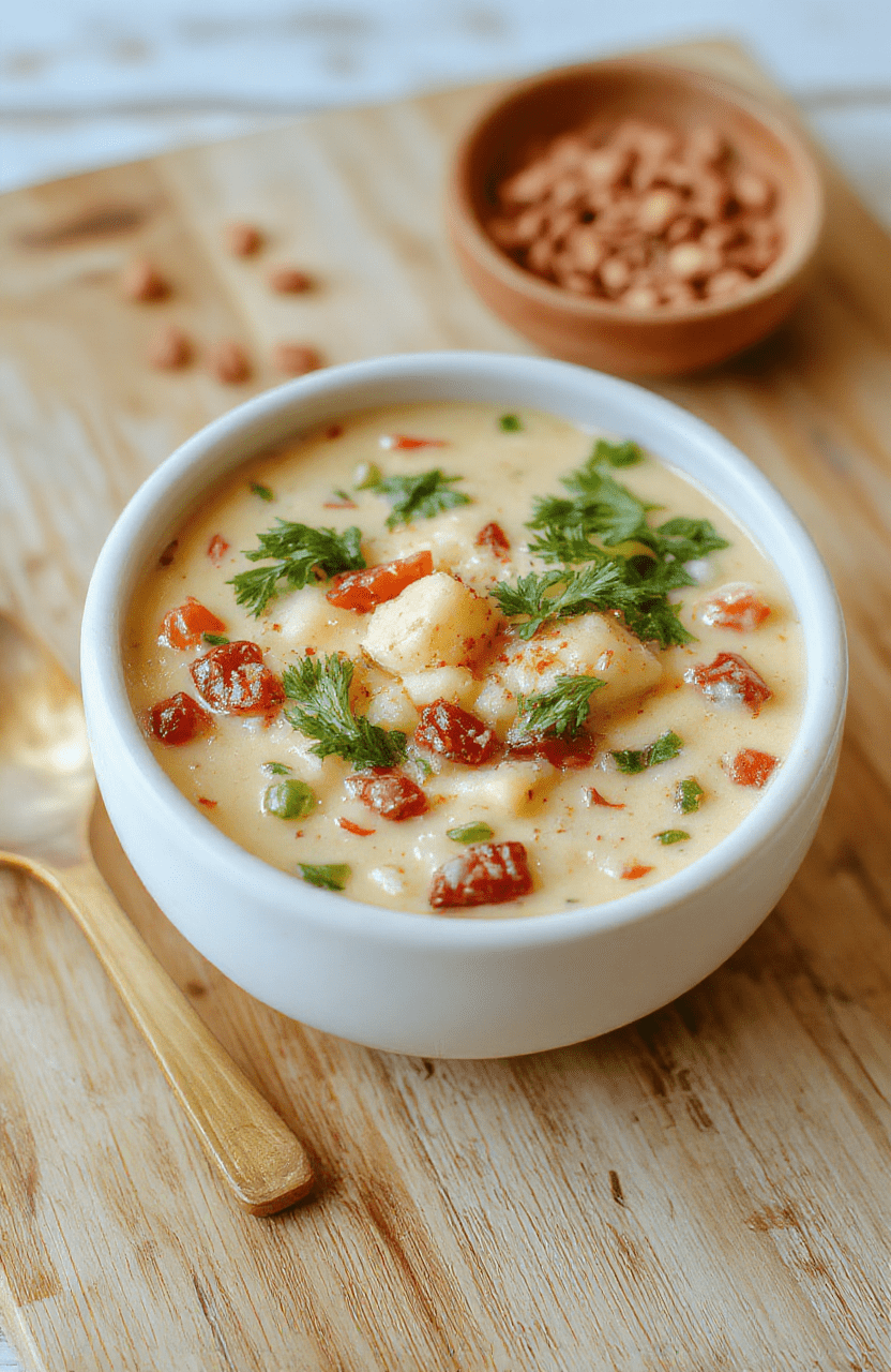 A rustic ceramic bowl filled with vibrant creamy vegetable soup, studded with tender carrots, peas, and potatoes,漂浮着新鲜 thyme sprigs and a drizzle of golden olive oil on the surface, served with a crusty sourdough slice on the side against a natural wooden table in soft daylight.