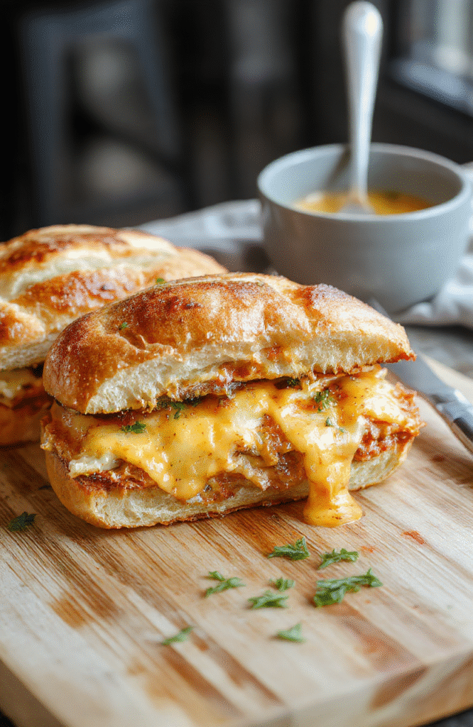 A golden-brown grilled cheese sandwich made with soft Hawaiian rolls, meltedched cheddar and mozzarella cheese oozing from the center, placed on a rustic wooden board with a side of sliced tomato and fresh basil. Sunlight highlights the crispy, buttery crust and glistening cheese.