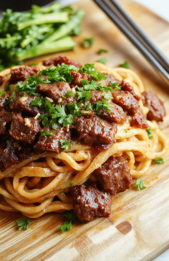 A vibrant bowl of glossy Mongolian beef noodles topped with scallions and sesame seeds, featuring tender beef strips, chewy rice noodles, and sautéed vegetables like bell peppers and mushrooms, served on a rustic wooden board with soft natural lighting and shallow depth of field.