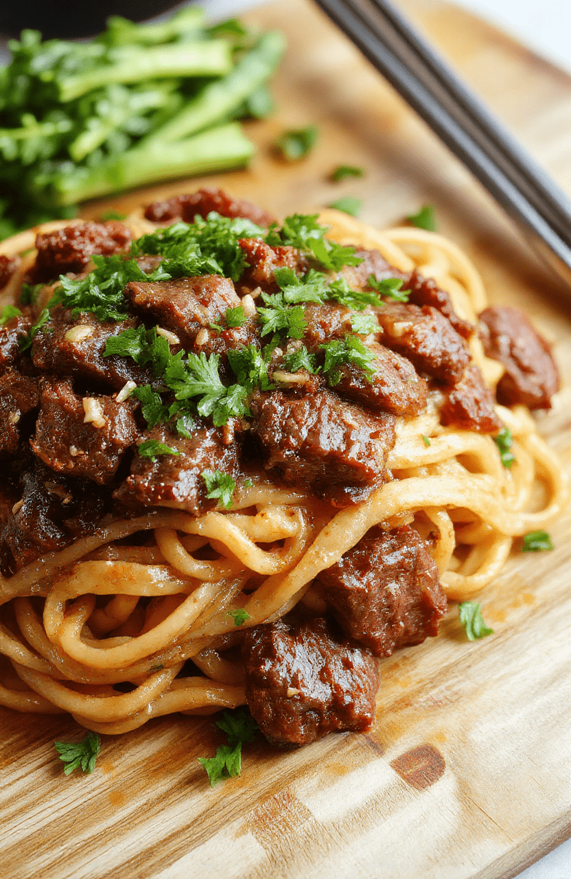 A vibrant bowl of glossy Mongolian beef noodles topped with scallions and sesame seeds, featuring tender beef strips, chewy rice noodles, and sautéed vegetables like bell peppers and mushrooms, served on a rustic wooden board with soft natural lighting and shallow depth of field.