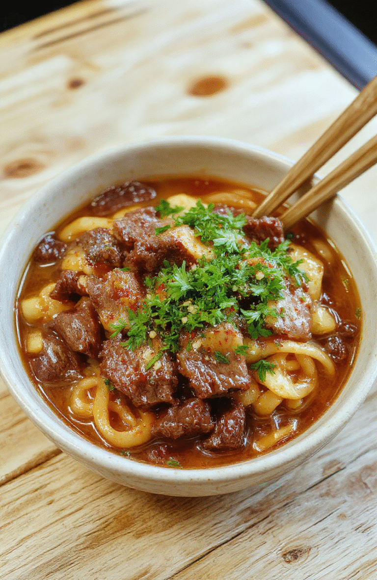 Glossy, glossy brown sticky beef noodles in a deep white bowl, topped with sesame seeds, green onions, and thin strips of grilled beef; steam rises gently;背景 features light wood tabletop with soft natural light.
