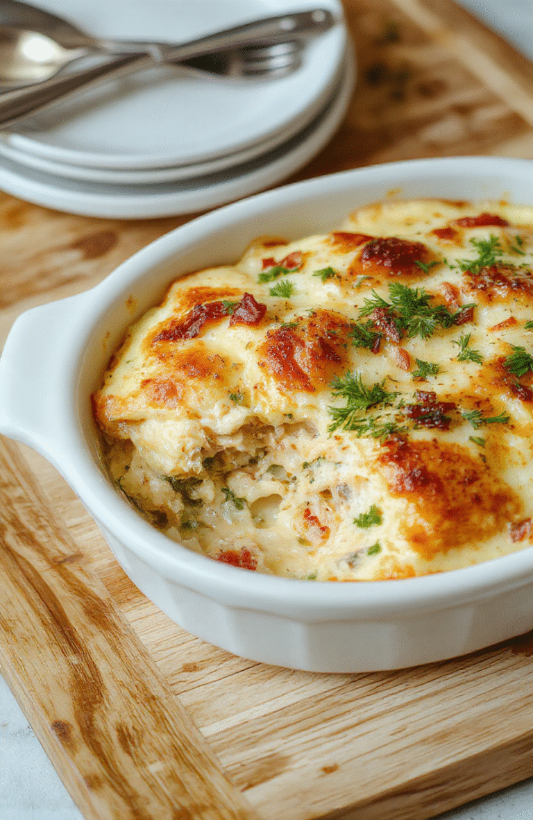 A baked casserole dish with golden-brown crispy cheese topping, tender chicken pieces, colorful bell peppers, onions, and pasta, all in a rich creamy sauce, served in a rustic ceramic dish on a wooden table with fresh parsley garnish and steam rising.