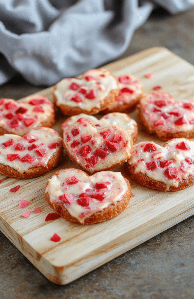 Gently frosted heart-shaped sugar cookies in soft pastel pinks and whites, decorated with edible red velvet drizzle, arranged on a rustic wooden board with scattered rose petals and red-chocolate hearts, natural daylight, soft shadows.