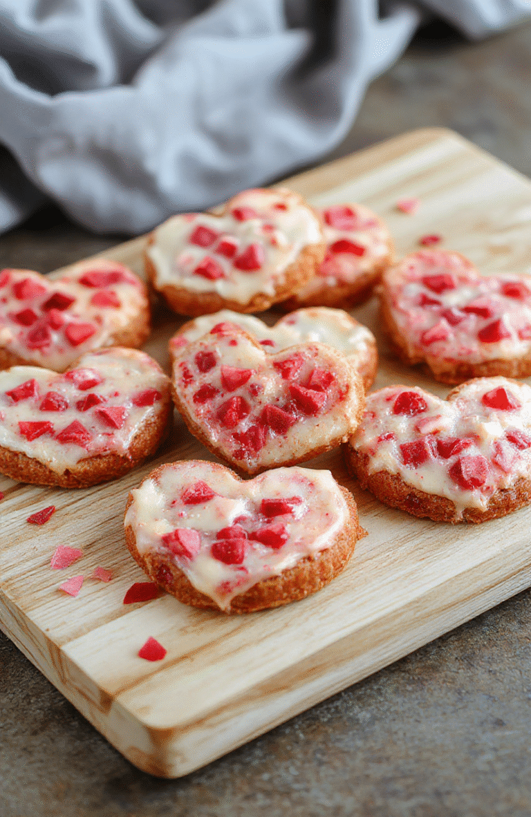 Gently frosted heart-shaped sugar cookies in soft pastel pinks and whites, decorated with edible red velvet drizzle, arranged on a rustic wooden board with scattered rose petals and red-chocolate hearts, natural daylight, soft shadows.