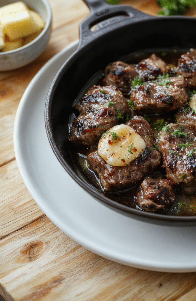 A sizzling cast iron skillet with thick garlic butter steak medallions, golden-brown edges, pan-fried cherry tomatoes bursts, tender green beans, and glossy pan sauces glistening under soft daylight. Background is rustic wooden tabletop.