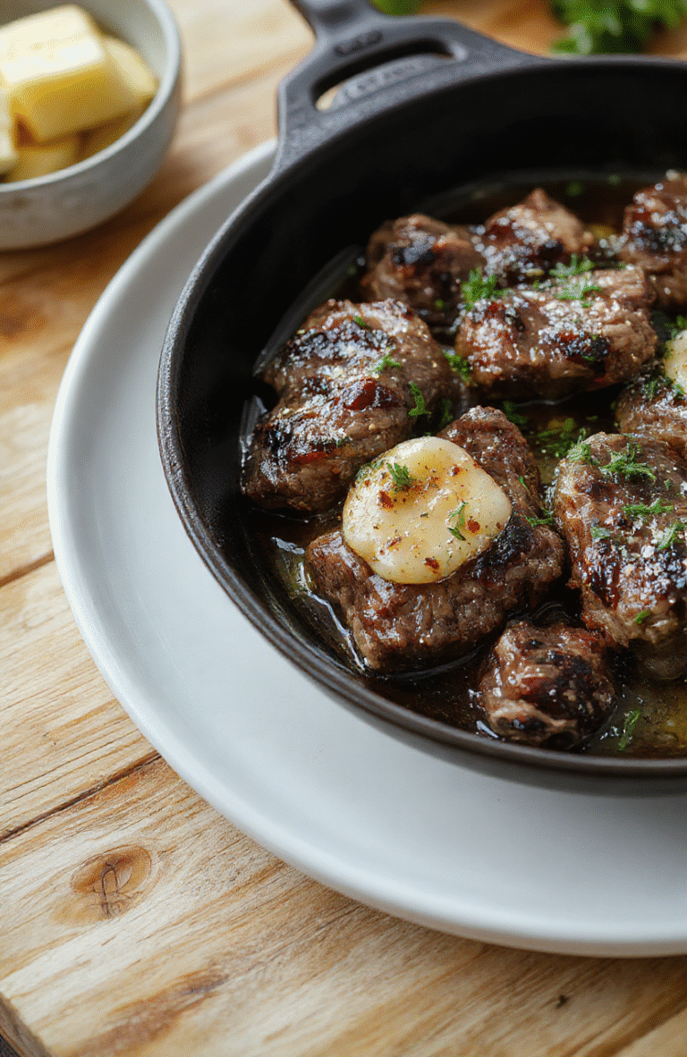 A sizzling cast iron skillet with thick garlic butter steak medallions, golden-brown edges, pan-fried cherry tomatoes bursts, tender green beans, and glossy pan sauces glistening under soft daylight. Background is rustic wooden tabletop.