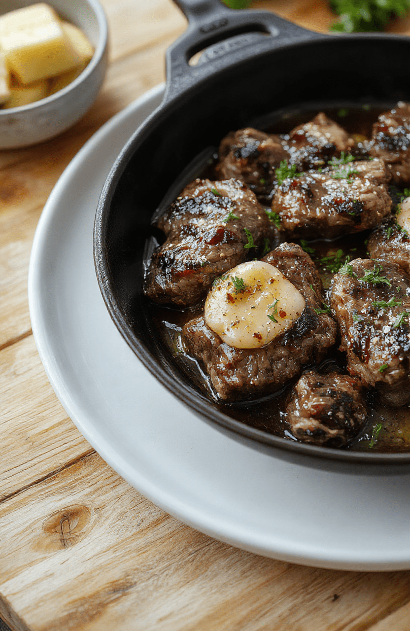 A sizzling cast iron skillet with thick garlic butter steak medallions, golden-brown edges, pan-fried cherry tomatoes bursts, tender green beans, and glossy pan sauces glistening under soft daylight. Background is rustic wooden tabletop.