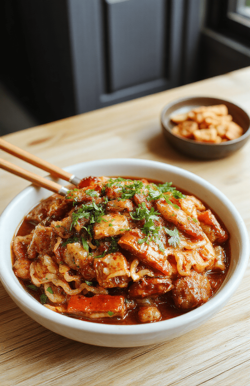 A vibrant plate of steaming kung pao noodles with golden-brown stir-fried chicken, chopped peanuts, bright red and green bell peppers, and scallions, tossed in a glossy savory-sweet sauce, served in a rustic ceramic bowl on a light wooden table with soft natural light and shallow depth of field.