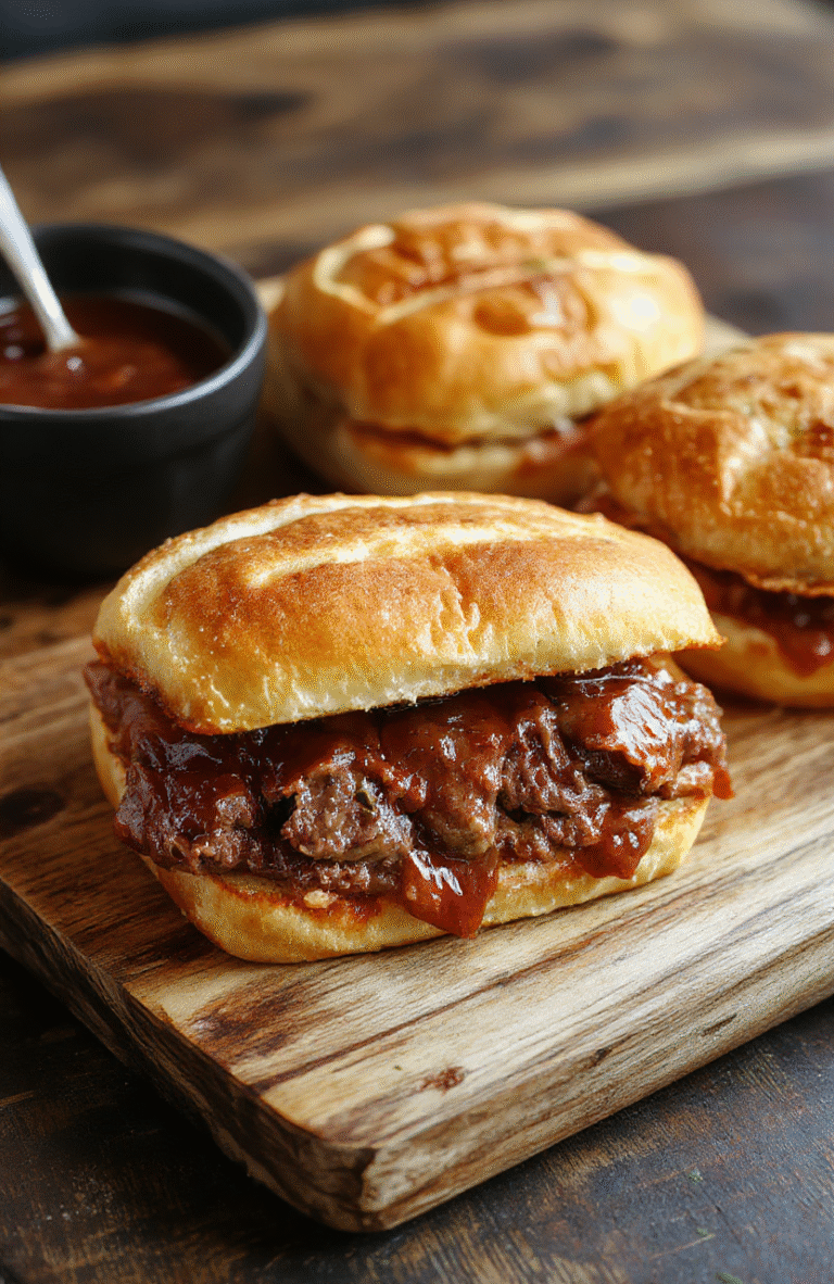 Golden-brown French dip sandwiches stacked high on a rustic wooden board, piled with tender slow-cooked beef, melted Swiss cheese, and pickles, surrounded by a shallow pool of rich, dark au jus in a cast iron ramekin, with chopped parsley and steam rising