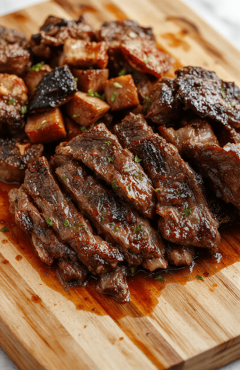 A rustic ceramic crock with rich, fork-tender slow cooker beef in a glossy brown sauce, garnished with fresh parsley and served beside creamy mashed potatoes with buttery peaks.