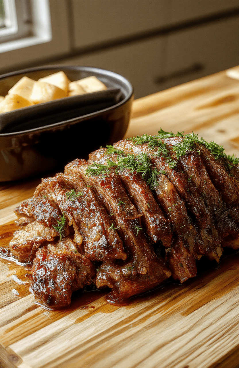 A rustic ceramic crockpot filled with tender braised beef roast, golden-brown edges, surrounded by soft caramelized carrots, baby potatoes, and fragrant onions in rich brown gravy, garnished with fresh parsley, on a wooden kitchen counter with natural light and subtle shadows.