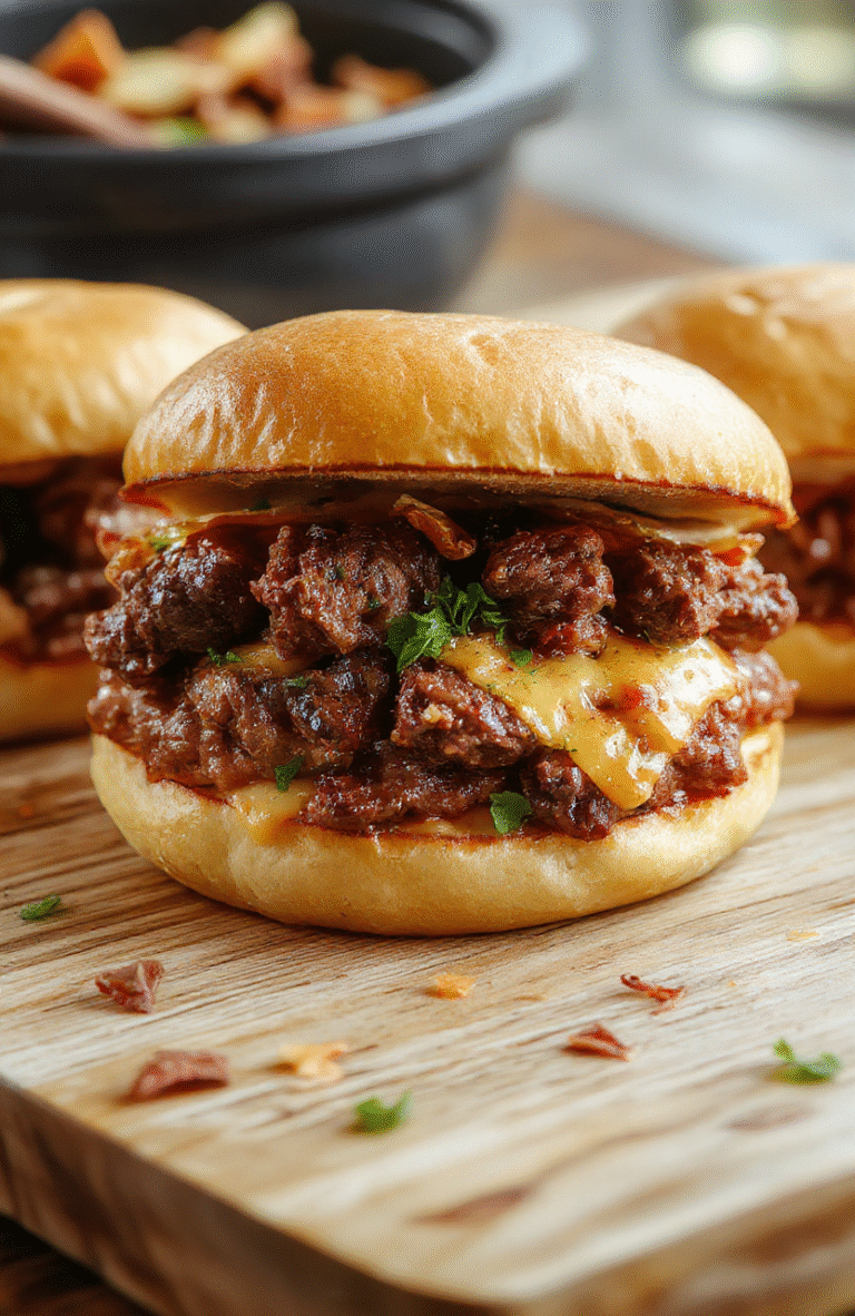 Two hearty sandwiches stacked on a rustic wooden board, each layered with glistening slow-cooked shredded beef, melted sharp cheddar cheese bubbling at the edges, nestled in soft toasted brioche buns, garnished withpickled red onions and fresh parsley, placed on a light oak surface with subtle wood grain