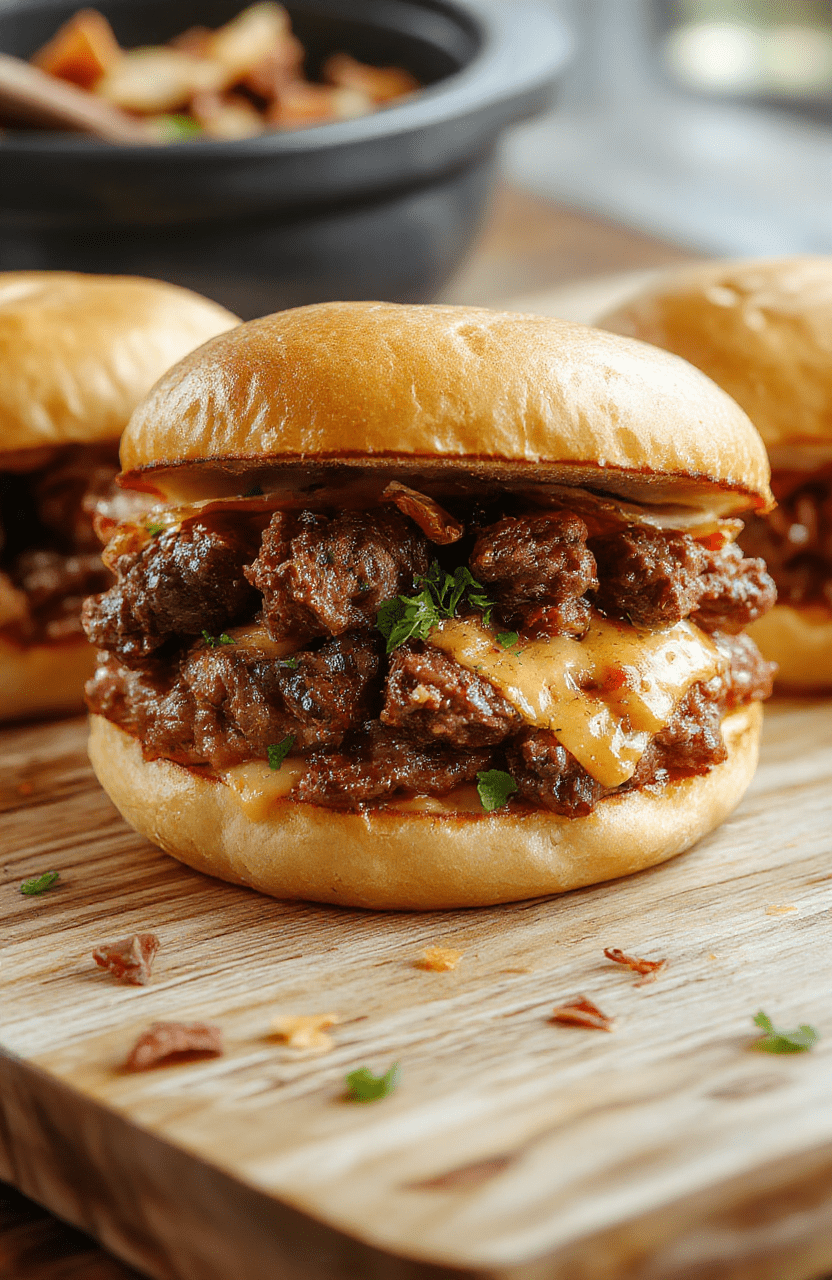 Two hearty sandwiches stacked on a rustic wooden board, each layered with glistening slow-cooked shredded beef, melted sharp cheddar cheese bubbling at the edges, nestled in soft toasted brioche buns, garnished withpickled red onions and fresh parsley, placed on a light oak surface with subtle wood grain