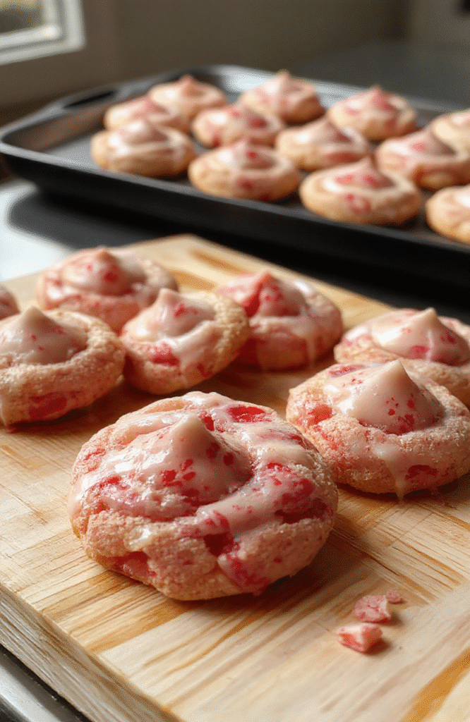 Close-up of soft, chewy strawberry kiss cookies on a rustic wooden board, with delicate pink crumbs and a dusting of powdered sugar, fresh strawberry slices beside them, natural daylight, soft shadows, shallow depth of field, vibrant colors, warm tones.