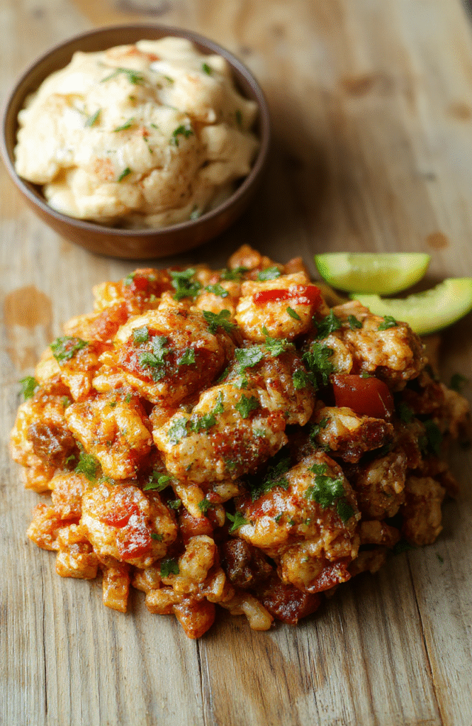 A hearty bowl of spicy Cajun chicken jambalaya with golden-brown chicken pieces, tender rice, colorful bell peppers, onions, and celery, topped with fresh parsley and a sprinkle of red pepper flakes, served in a rustic ceramic bowl against a wooden table background.
