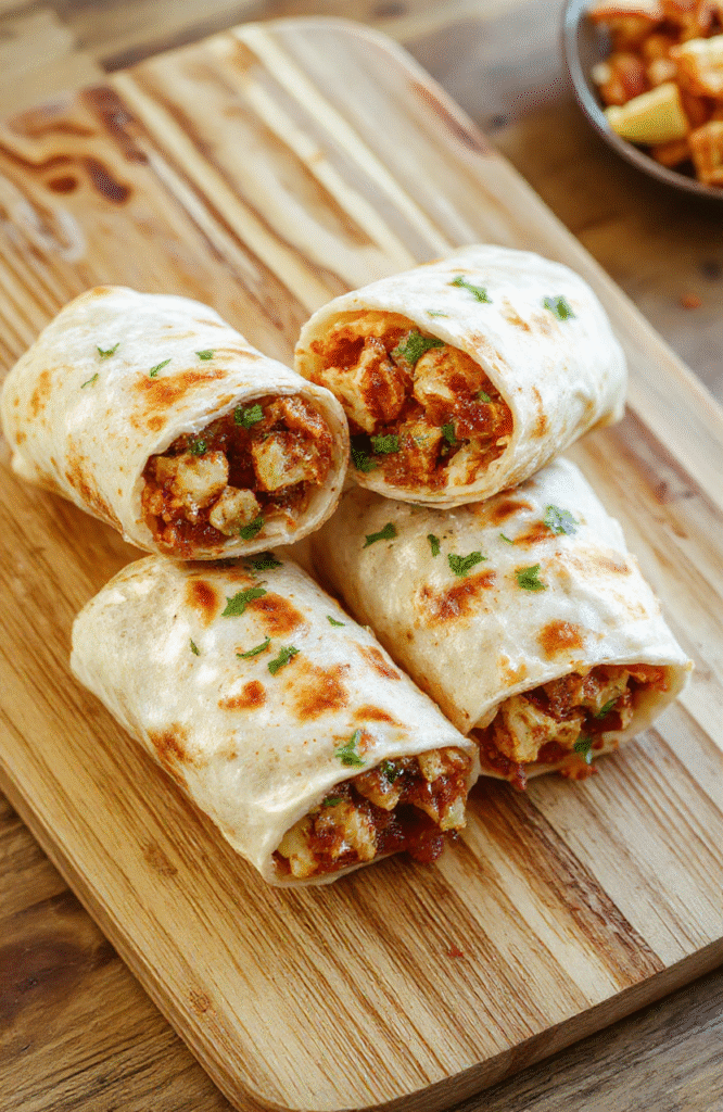 Two large sizzling flour tortillas wrapped around savory, slightly charred grilled chicken strips, black beans, diced bell peppers, onions, and melted cheese, with a side of fresh cilantro-lime crema and warm salsa, placed on a rustic wooden board with soft natural shadows and subtle steam rising.