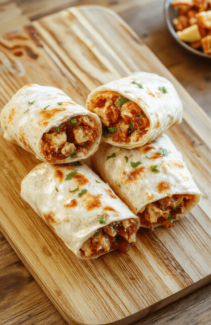 Two large sizzling flour tortillas wrapped around savory, slightly charred grilled chicken strips, black beans, diced bell peppers, onions, and melted cheese, with a side of fresh cilantro-lime crema and warm salsa, placed on a rustic wooden board with soft natural shadows and subtle steam rising.