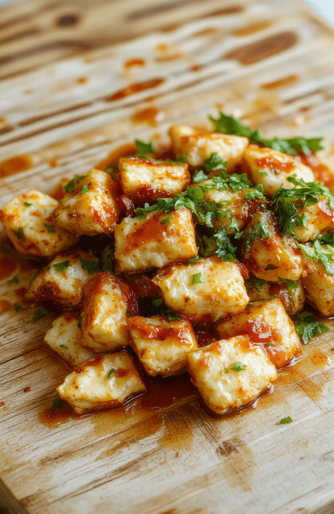 Vibrant plate of crispy-spicy tofu cubes in creamy coconut-lime sauce, garnished with fresh cilantro, red chili slices, and toasted sesame seeds, served over fluffy white rice with steamed broccoli and snap peas on the side