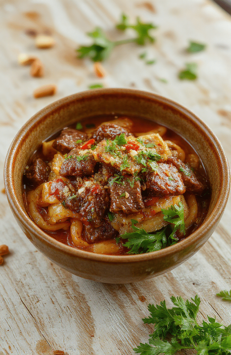 A steaming bowl of thick egg noodles tossed with fragrant cumin-spiced ground lamb, chopped scallions, red chili flakes, and sesame seeds, served in a rustic ceramic bowl against a light wooden table with soft natural light highlighting the deep amber-gold tones of the meat and vibrantly green herbs
