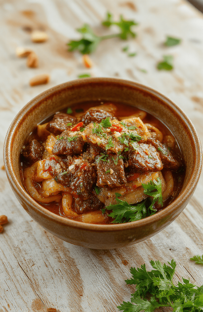 A steaming bowl of thick egg noodles tossed with fragrant cumin-spiced ground lamb, chopped scallions, red chili flakes, and sesame seeds, served in a rustic ceramic bowl against a light wooden table with soft natural light highlighting the deep amber-gold tones of the meat and vibrantly green herbs