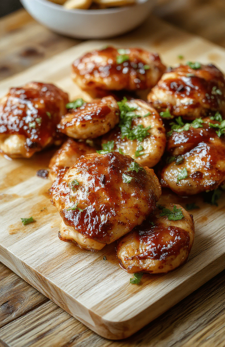 Juicy chicken thighs coated in glossy sticky brown sugar garlic glaze, garnished with sesame seeds and sliced green onions, served on a rustic wooden board with steamed broccoli florets and jasmine rice in the background.