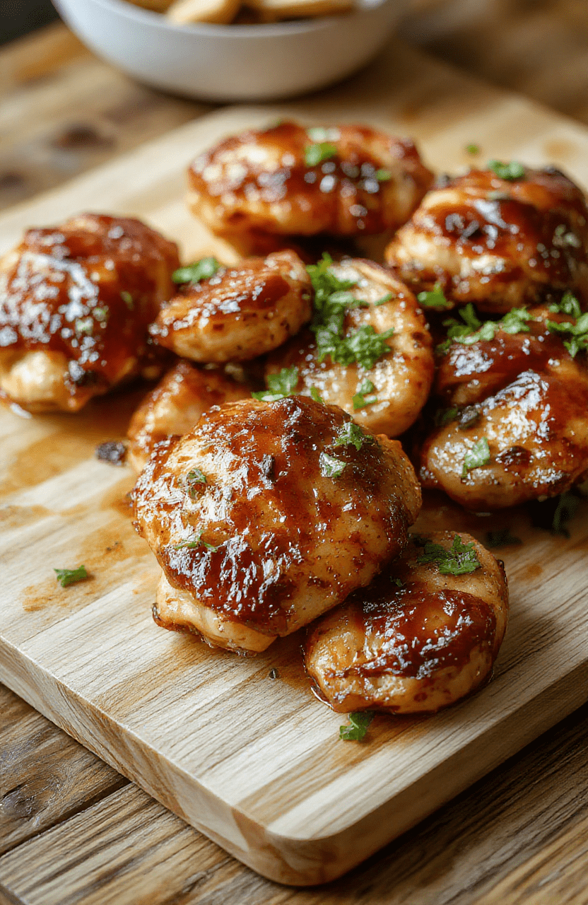 Juicy chicken thighs coated in glossy sticky brown sugar garlic glaze, garnished with sesame seeds and sliced green onions, served on a rustic wooden board with steamed broccoli florets and jasmine rice in the background.