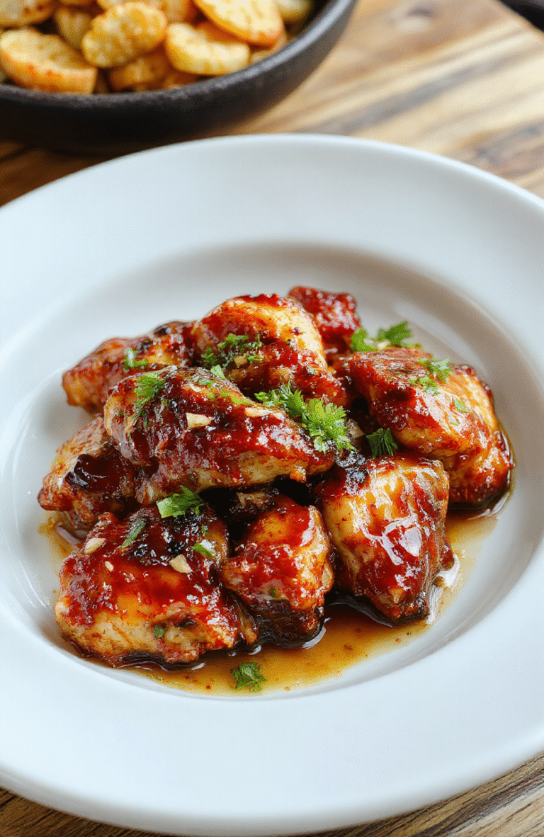 Glossy sticky honey garlic chicken thighs arranged on a white ceramic plate, glistening with glaze, garnished with sesame seeds and sliced green onions, served beside fluffy white rice in shallow bowls, natural light from a window, soft wooden cutting board in background, minimal setup with subtle steam rising.