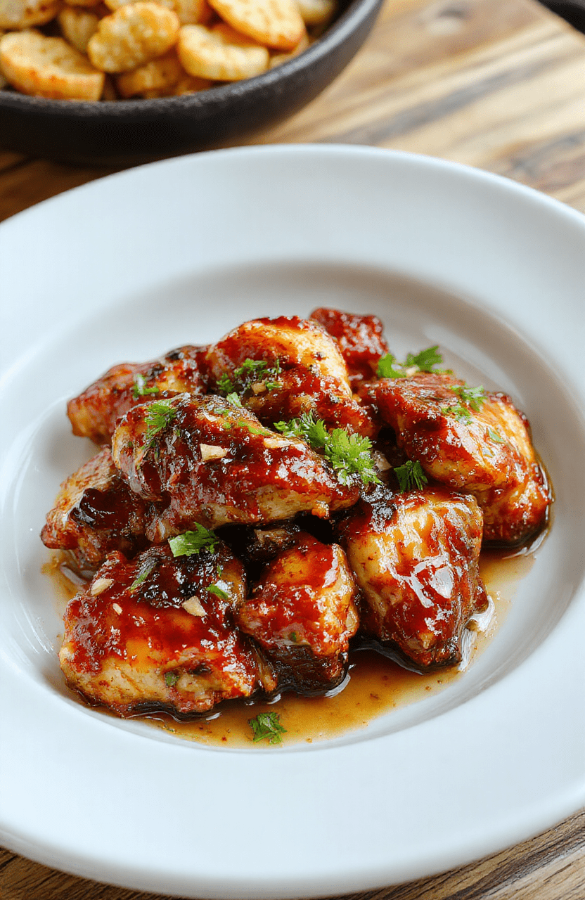 Glossy sticky honey garlic chicken thighs arranged on a white ceramic plate, glistening with glaze, garnished with sesame seeds and sliced green onions, served beside fluffy white rice in shallow bowls, natural light from a window, soft wooden cutting board in background, minimal setup with subtle steam rising.