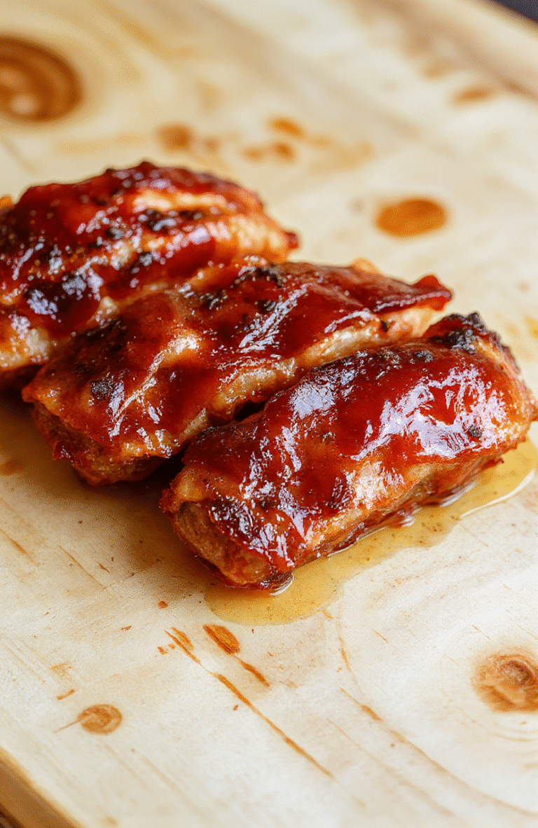 Glossy glazed mini bacon-wrapped sausage bites on a white ceramic platter, glistening with sticky sweet glaze, garnished with chopped parsley and a scatter of sesame seeds, on a light maple wood surface with subtle wood grain, in natural daylight with soft shadows.