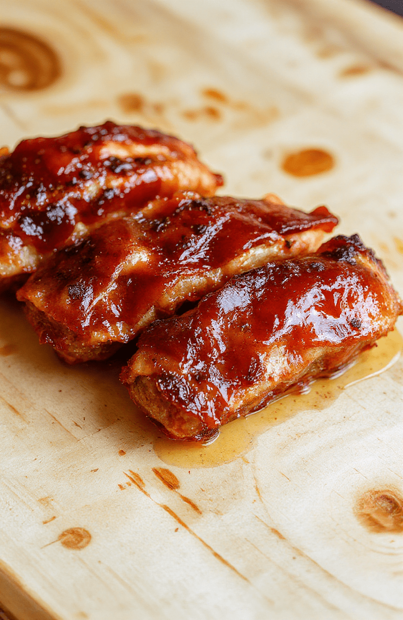 Glossy glazed mini bacon-wrapped sausage bites on a white ceramic platter, glistening with sticky sweet glaze, garnished with chopped parsley and a scatter of sesame seeds, on a light maple wood surface with subtle wood grain, in natural daylight with soft shadows.