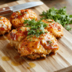 Tangy dark amber glazed chicken thighs with black pepper spots, slightly charred edges, nestled on a bed of steamed jasmine rice with scattered green onions and sesame seeds, steam rising, shot in natural daylight on a rustic wooden board