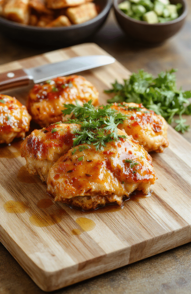 Tangy dark amber glazed chicken thighs with black pepper spots, slightly charred edges, nestled on a bed of steamed jasmine rice with scattered green onions and sesame seeds, steam rising, shot in natural daylight on a rustic wooden board