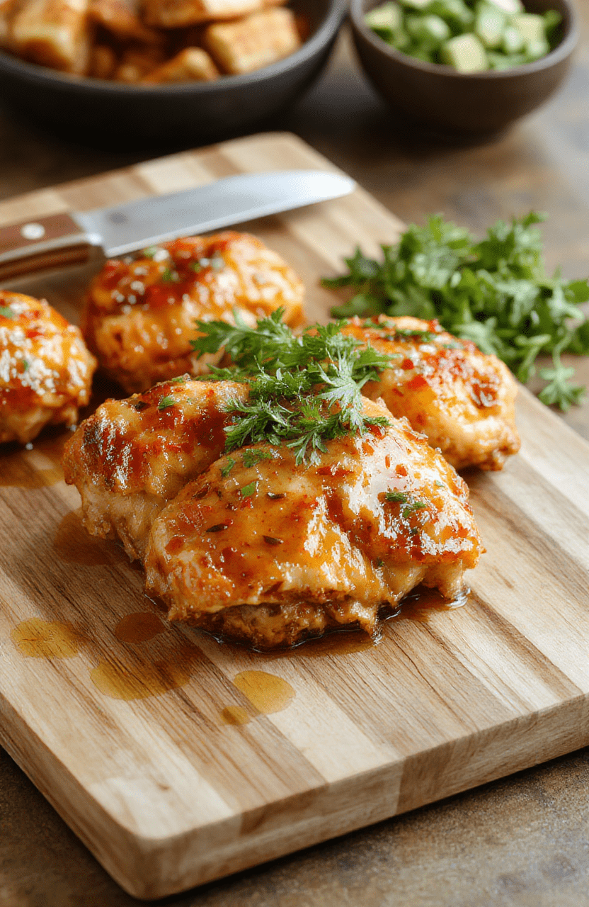 Tangy dark amber glazed chicken thighs with black pepper spots, slightly charred edges, nestled on a bed of steamed jasmine rice with scattered green onions and sesame seeds, steam rising, shot in natural daylight on a rustic wooden board