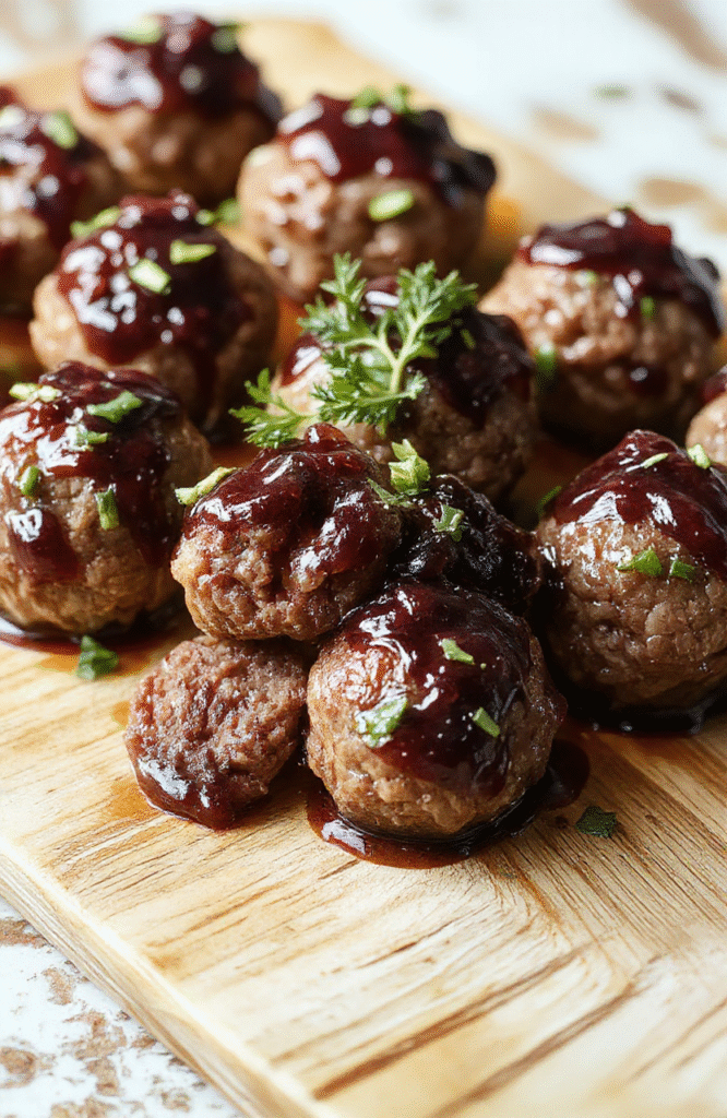 Glossy, ruby-red grape jelly-glazed meatballs arranged in a rustic ceramic bowl, glistening under natural sunlight, garnished with fresh parsley and a few whole pink peppercorns, soft steam rising, on a light oak wooden board with subtle grain texture