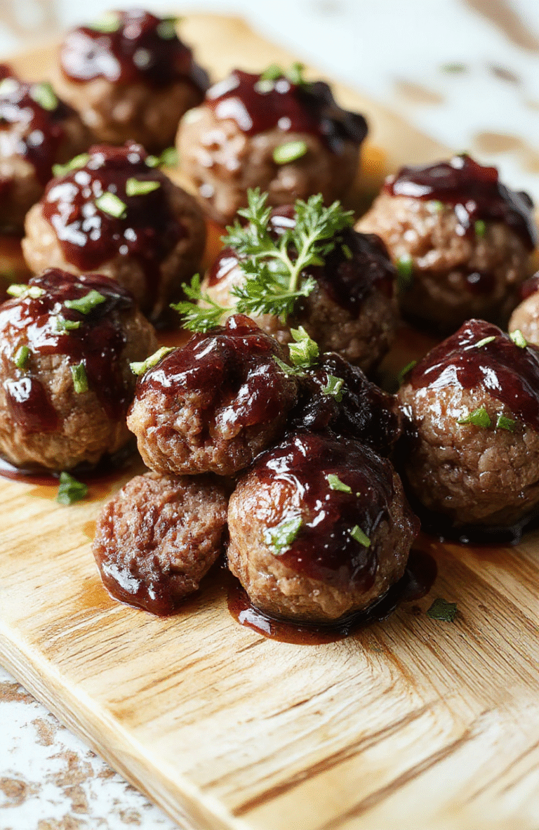 Glossy, ruby-red grape jelly-glazed meatballs arranged in a rustic ceramic bowl, glistening under natural sunlight, garnished with fresh parsley and a few whole pink peppercorns, soft steam rising, on a light oak wooden board with subtle grain texture