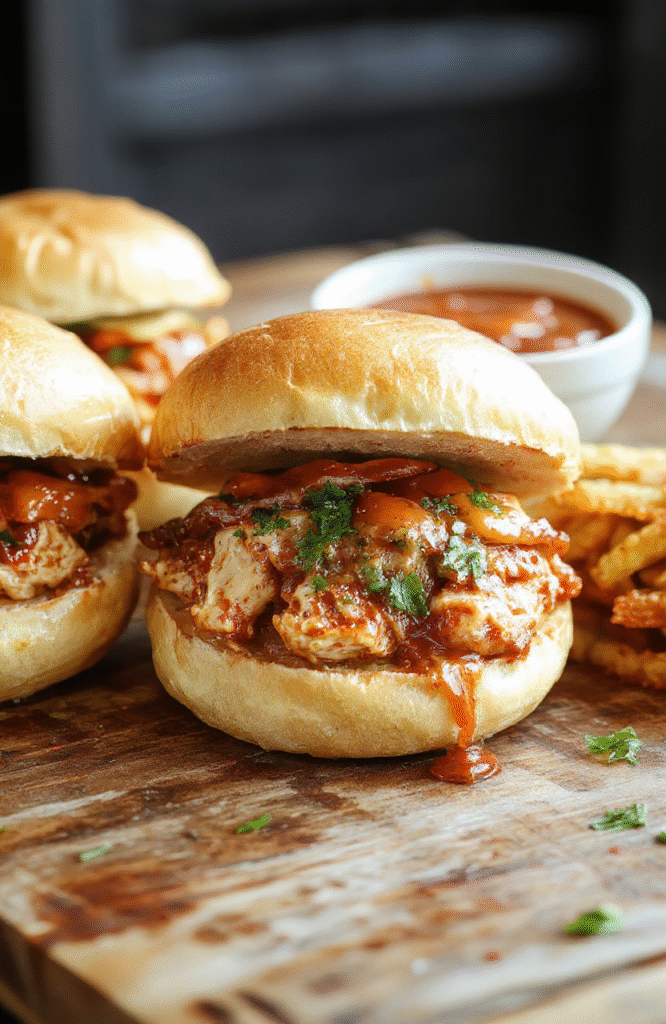 Golden-brown pulled chicken glistening with smoky-sweet barbecue sauce, piled high on a soft toasted brioche bun with quick-pickled red onions and fresh cilantro, on a rustic wooden board, soft natural light, shallow depth of field.