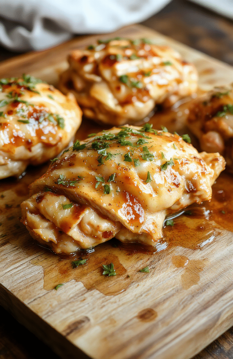Golden-brown pan-seared chicken breasts with crisp edges, glistening in rich golden garlic butter sauce, garnished with fresh chopped parsley and served alongside creamy mashed potatoes and sautéed green beans on a rustic wooden board.