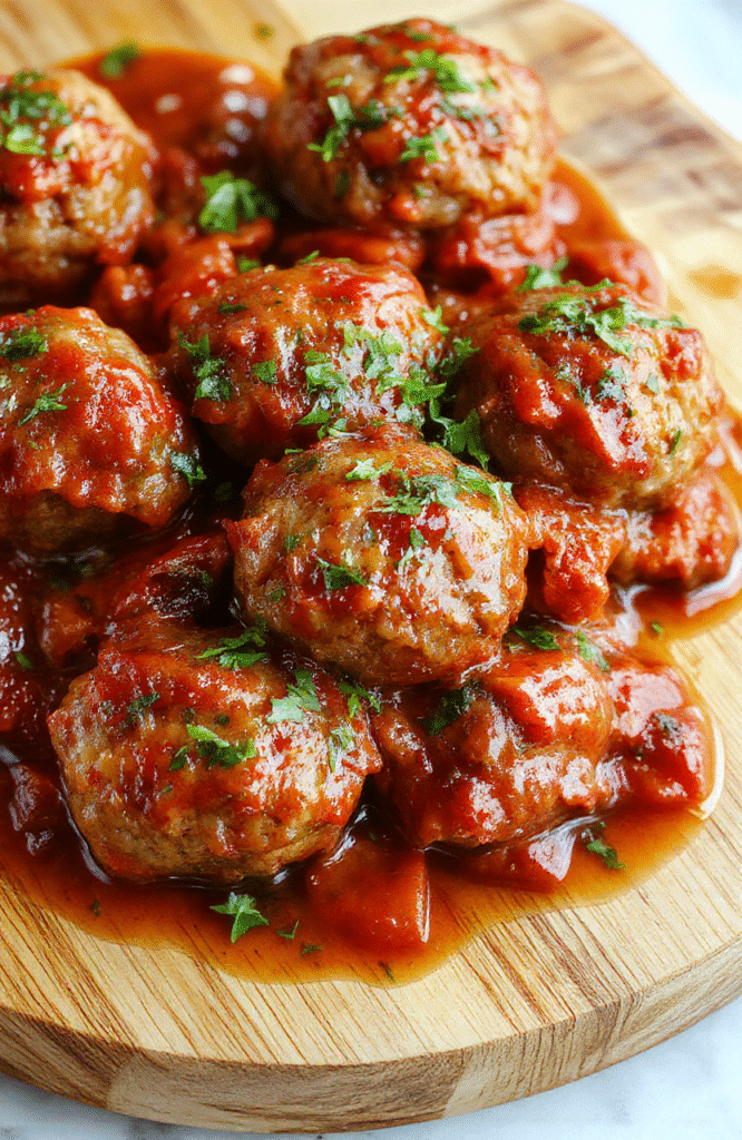 Gold-brown, juicy Italian meatballs nestled in a shallow ceramic bowl with glossy red tomato sauce, garnished with fresh basil leaves and a sprinkle of parmesan cheese, served on a rustic wooden board with light garlic crumbs and a drizzle of olive oil, natural daylight, shallow depth of field, soft shadows