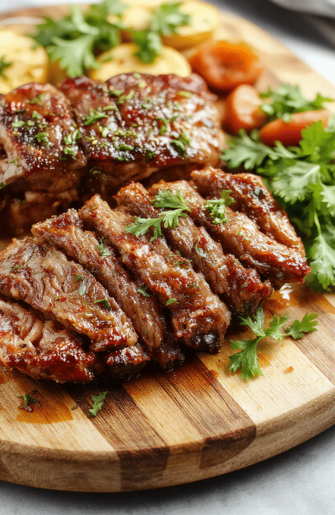 A rustic ceramic crockpot on a wooden table, revealing a rich brown pot roast surrounded by golden-brown onion rings and melted buttery gravy, garnished with fresh parsley and steaming slightly in soft natural light.