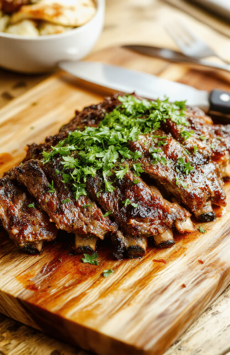 Glistening braised beef short ribs resting on a rustic wooden board, glazed with rich brown sauce, garnished with fresh rosemary sprigs and cracked black pepper, steam rising, soft natural daylight, shallow depth of field, vibrant meat texture and glossy glaze