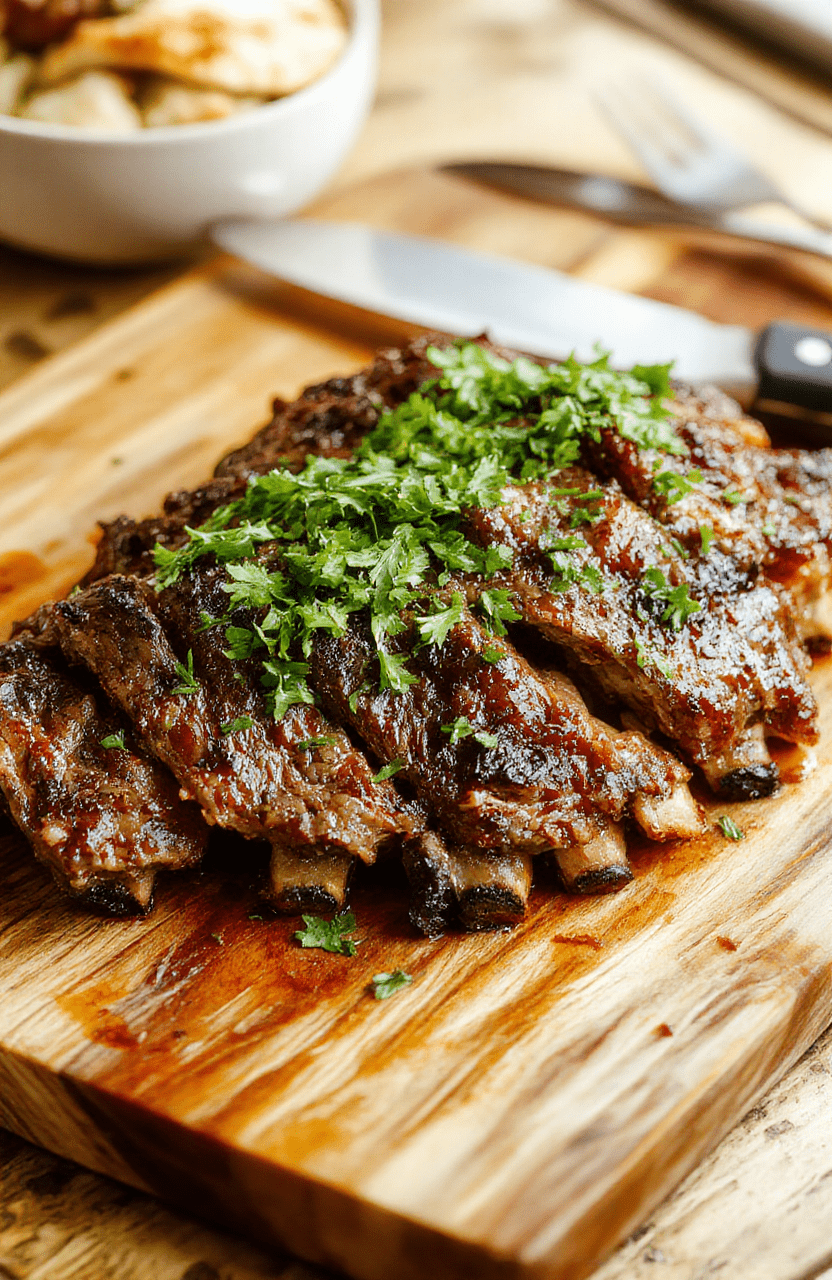 Glistening braised beef short ribs resting on a rustic wooden board, glazed with rich brown sauce, garnished with fresh rosemary sprigs and cracked black pepper, steam rising, soft natural daylight, shallow depth of field, vibrant meat texture and glossy glaze