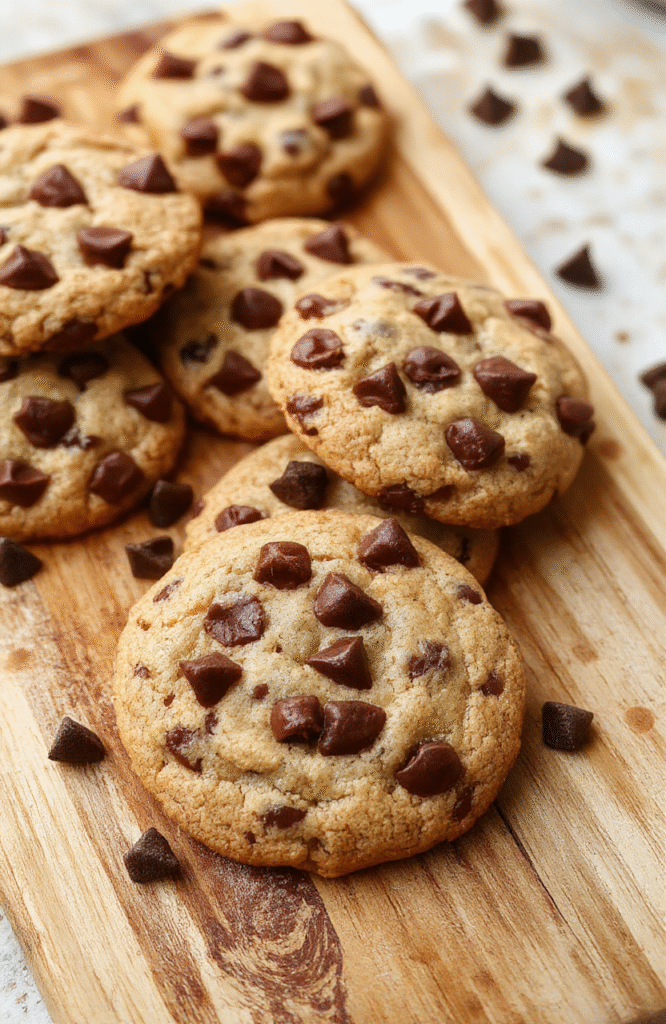 Three golden-brown, bakery-style chocolate chip cookies on a clean white ceramic plate, with melty chocolate chips visible in their soft, slightly cracked surfaces. A dusting of flaky sea salt sits atop one cookie, and a few chocolate shards spill from its edge. Background is soft natural white linen with subtle shadows.