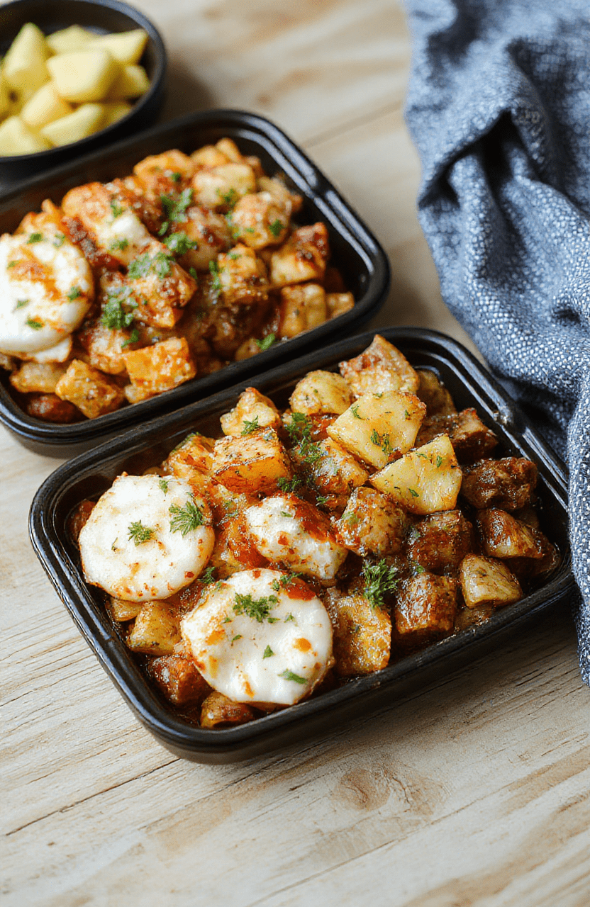 A tidy layout of six bento-style containers filled with budget-friendly meals: brown rice, black beans, roasted carrots, shredded chicken, hard-boiled eggs, and sliced apples — all arranged with vibrant colors and natural lighting on a wooden table.