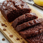 Rustic slice of chocolate banana bread on a wooden cutting board, revealing a dense, moist crumb studded with dark chocolate chunks and banana fragments, dusted lightly with powdered sugar, natural daylight, shallow depth of field