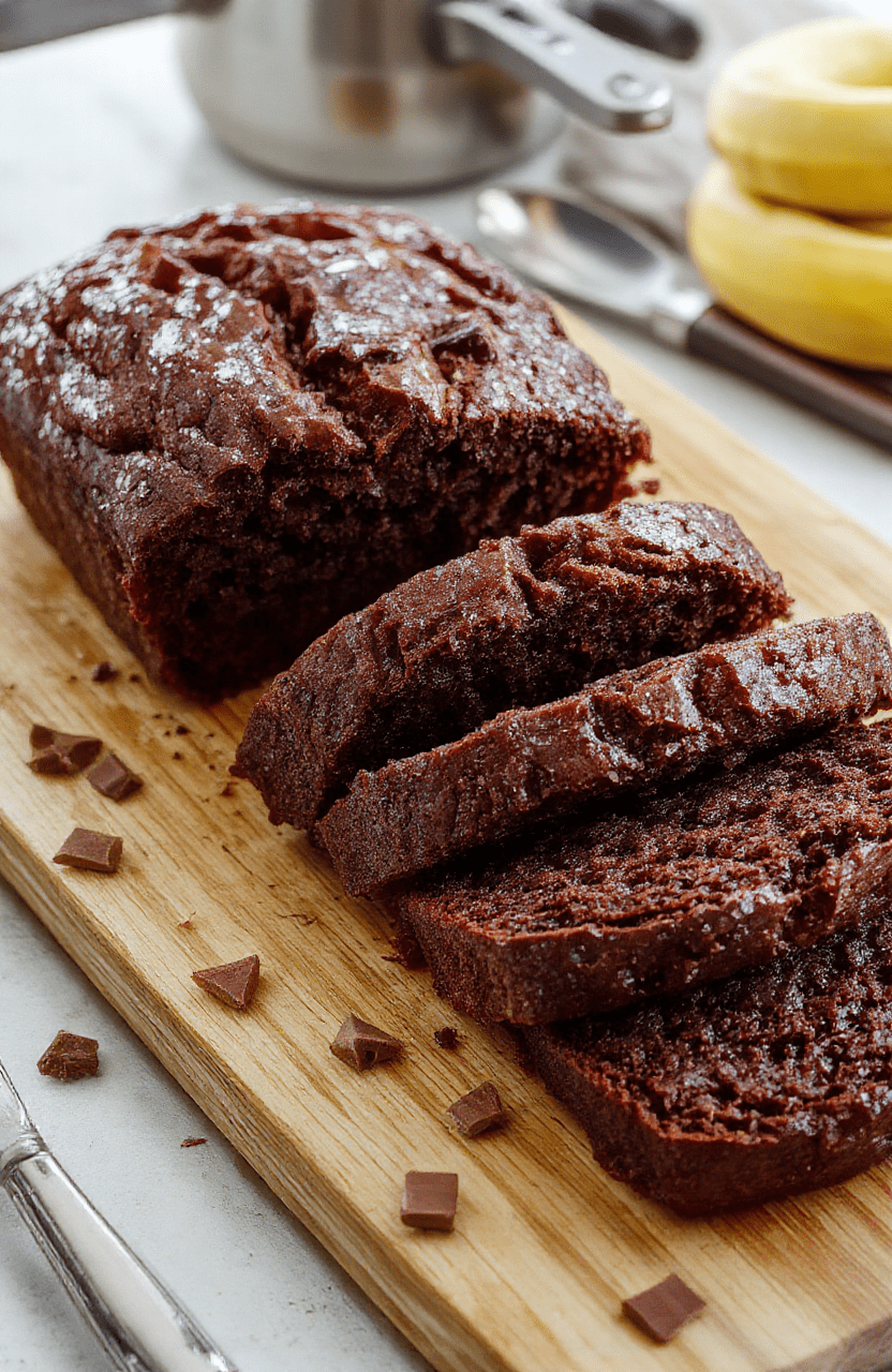 Rustic slice of chocolate banana bread on a wooden cutting board, revealing a dense, moist crumb studded with dark chocolate chunks and banana fragments, dusted lightly with powdered sugar, natural daylight, shallow depth of field