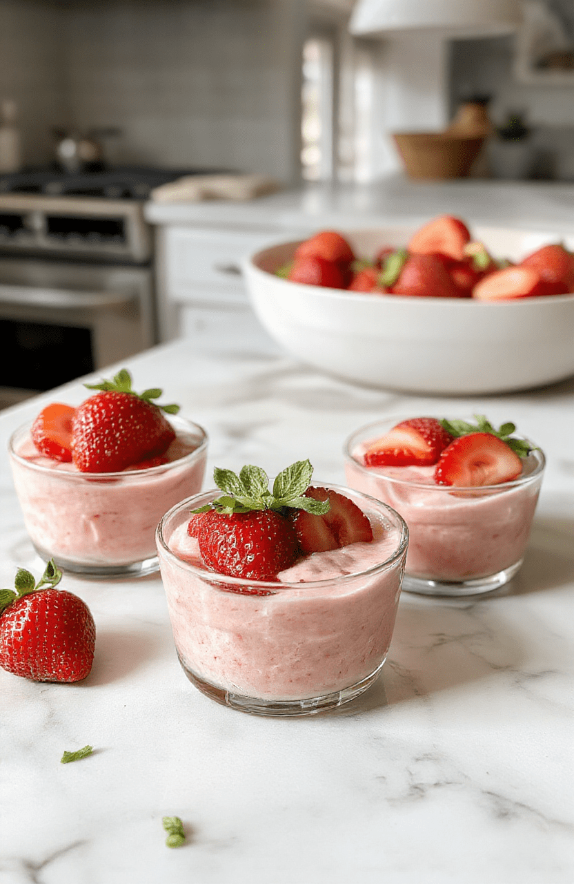 Creamy, pale pink strawberry mousse in a clear glass dessert cup, topped with fresh whole strawberries and mint leaves, on a white marble surface, soft natural light, shallow depth of field