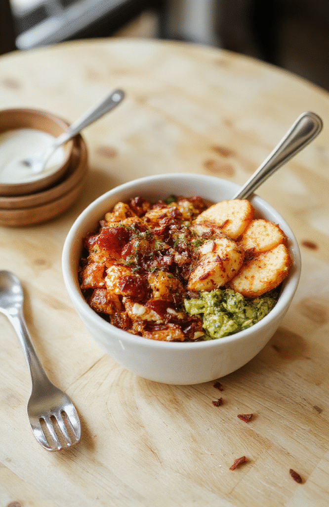 A vibrant 5-minute healthy snack bowl in a white ceramic bowl: layered with creamy avocado slices, vibrant cherry tomatoes, crunchy almonds, nutritious quinoa, and fresh berries like blueberries and strawberries, garnished with a drizzle of honey and a sprinkle of chia seeds. Natural sunlight highlights the fresh textures and colors.