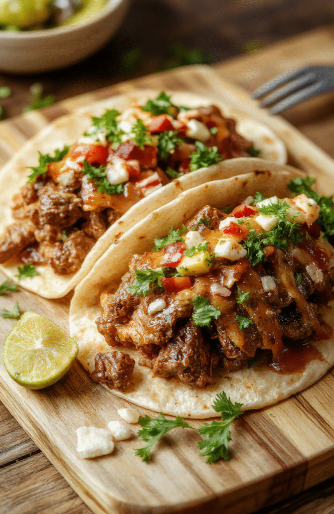 Two soft corn tortillas filled with glossy, shredded birria beef in a deep reddish-brown hue, nestled on a rustic wooden board. Topped with finely chopped white onion, fresh cilantro, lime wedges, and a drizzle of consommé. Slight char on the tortillas, vibrant green herbs popping against rich red meat.