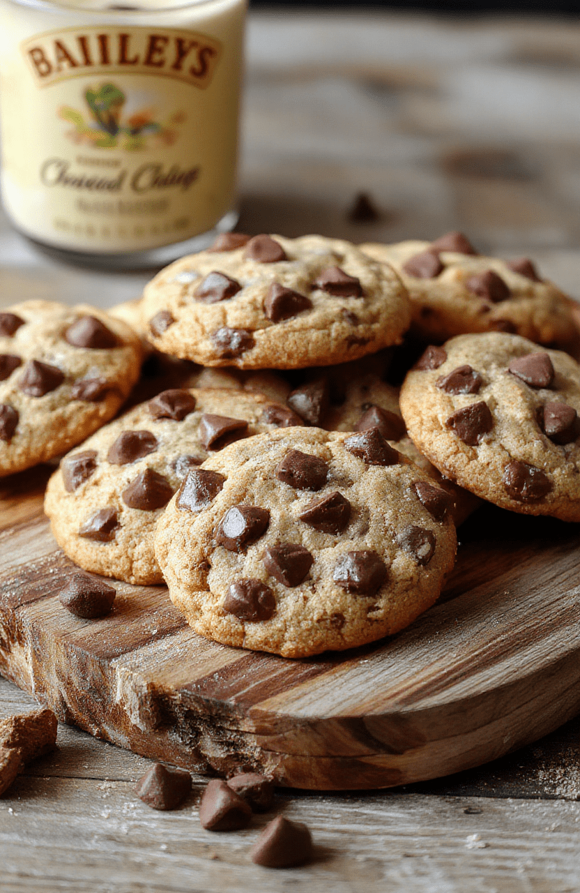 Golden-brown, chewy chocolate chip cookies with visible chunks of semi-sweet chocolate, lightly dusted with powdered sugar, resting on a rustic wooden board with a drizzle of Baileys Irish Cream nearby and a subtle steam effect rising from warm cookies.